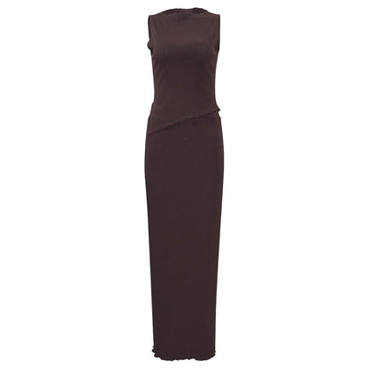 Summer Solid Color round Neck Unrepaired Irregular Asymmetric Top High Waist Dress Slim Fit Two Piece Sets