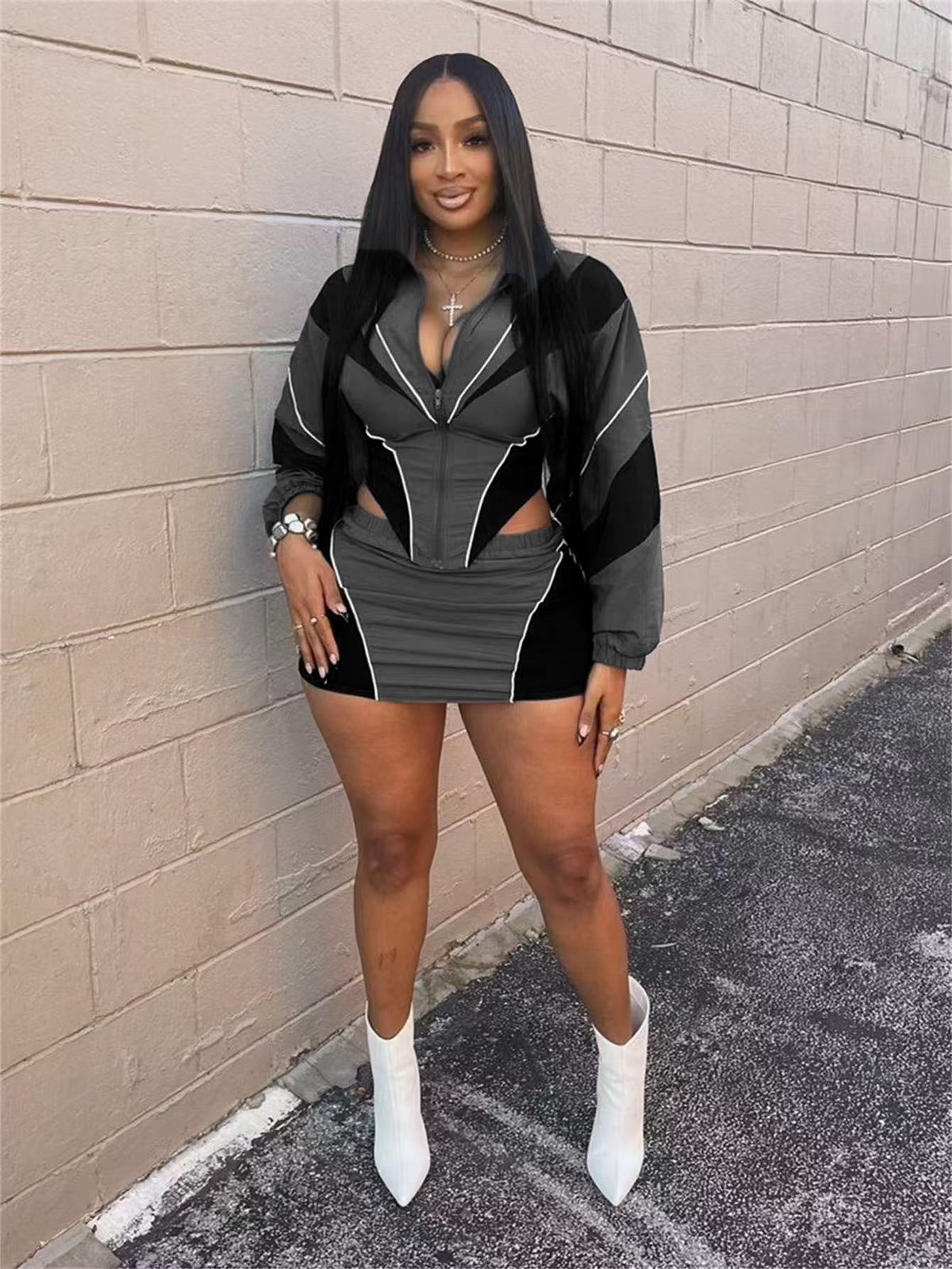 Autumn Sexy Sports Loose Casual Contrast Color Long Sleeve Coat Skirt Outfit Women