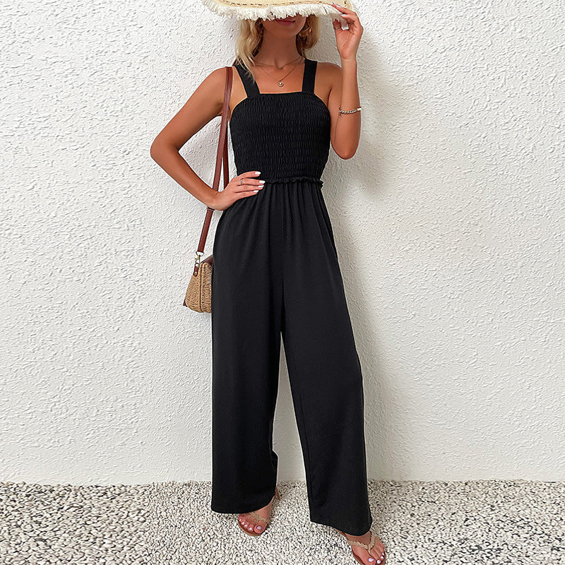 Summer Sling One Piece Wide Leg Black Loose Women Jumpsuit