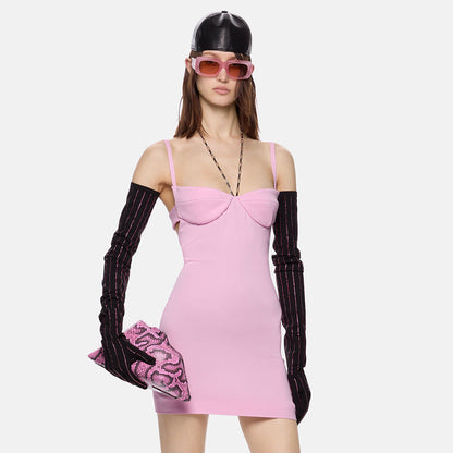 Summer Pink Sexy Chain Mini Suspender Hollow Out Cutout Backless Women Clothing