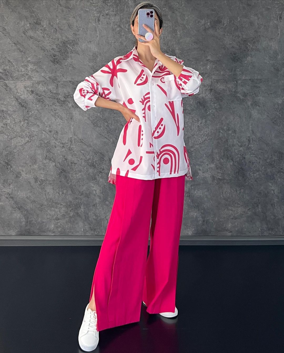 Women Clothing Casual Long Sleeve Printed Shirt High Waist Slit Wide Leg Pants Set Amplified craft