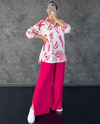 Women Clothing Casual Long Sleeve Printed Shirt High Waist Slit Wide Leg Pants Set Amplified craft