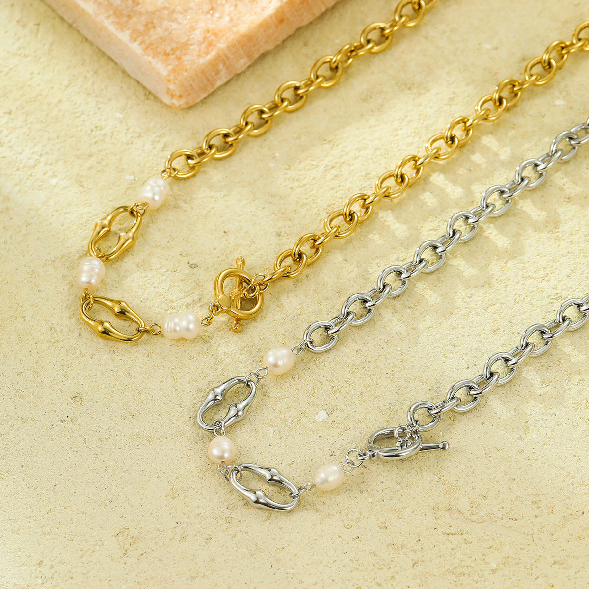 Mixed Metal Pearl Inlaid Collar Necklace