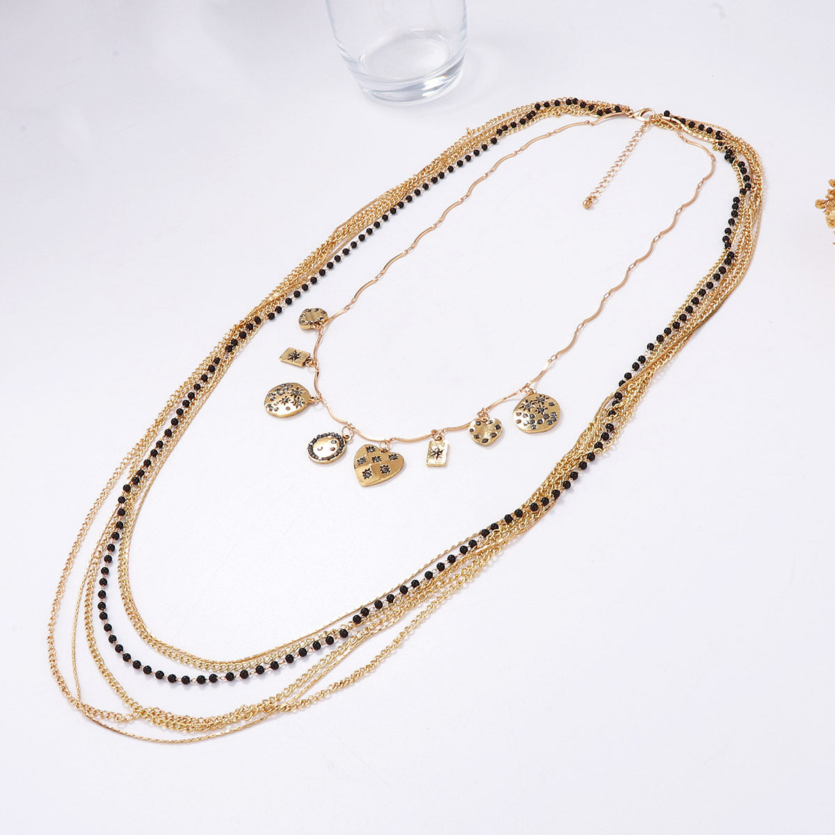 Layered Bead Chain Geometric Charm Statement Necklace