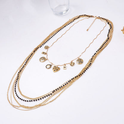 Layered Bead Chain Geometric Charm Statement Necklace