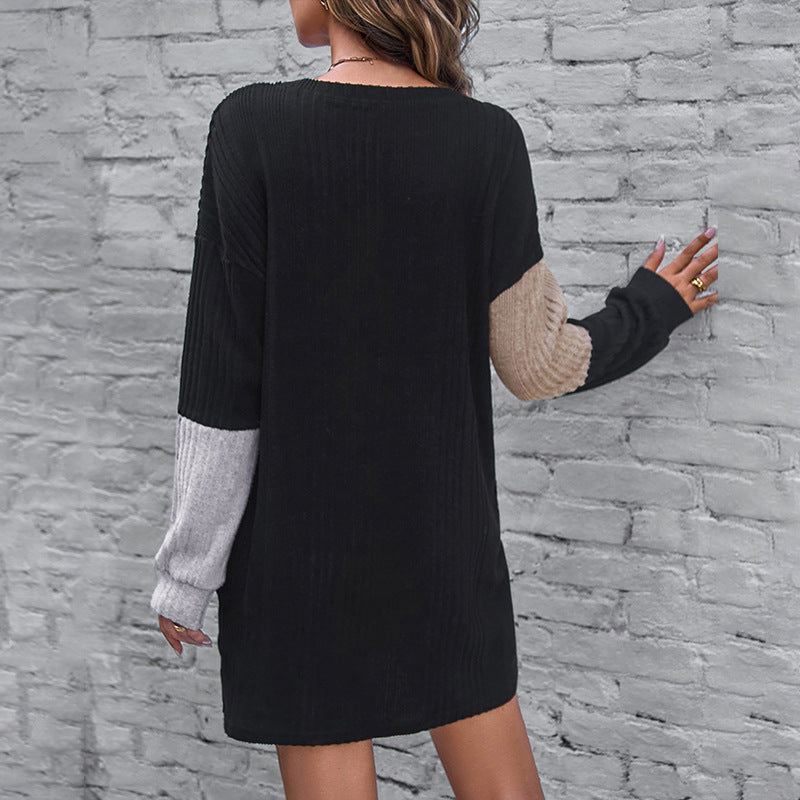 Contrast Color Long Sleeve round Collar Dress Autumn Women Wear Simple Loose Casual Dress