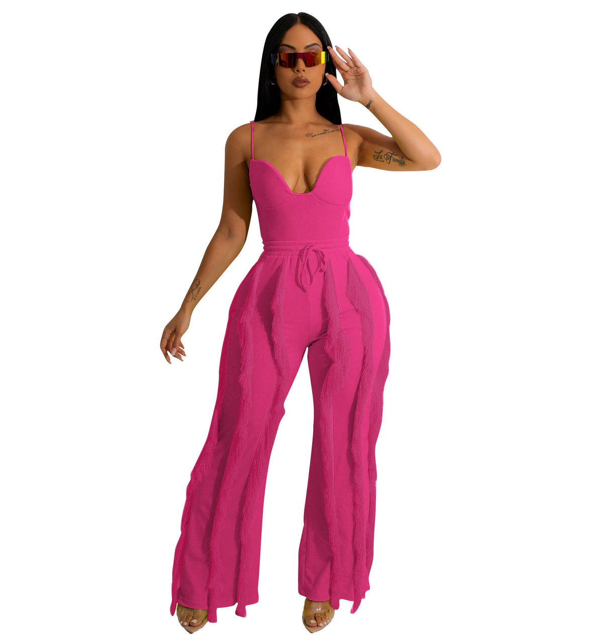 Summer Women Clothing Tassel Lace Suit Sexy Sling Two Piece Set