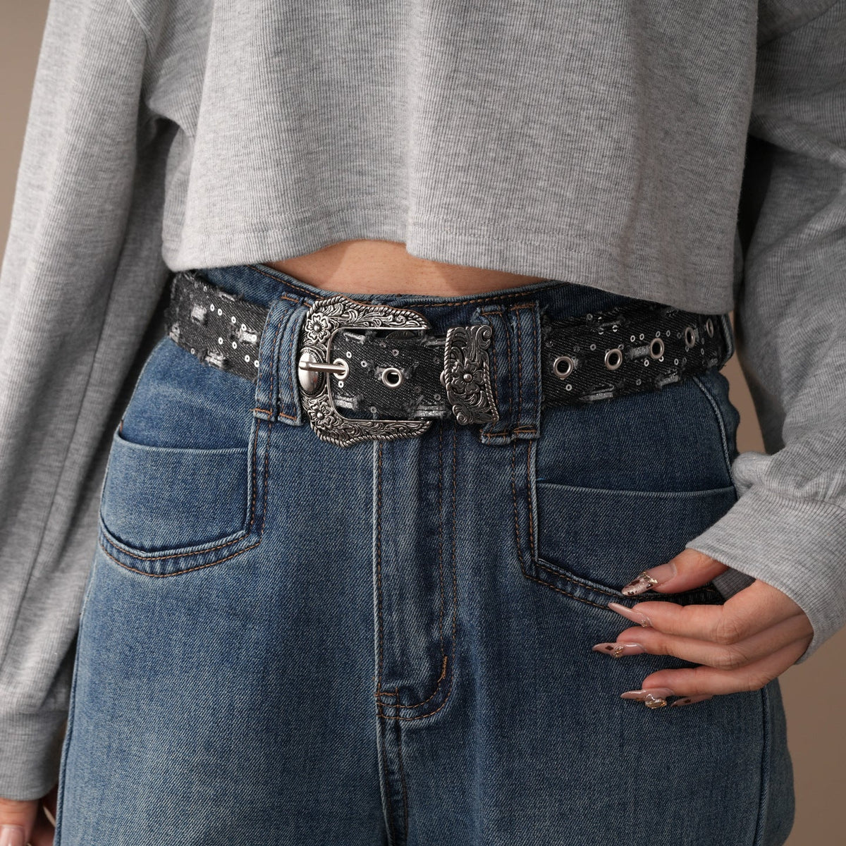 Distressed Denim Pattern Metal Belt