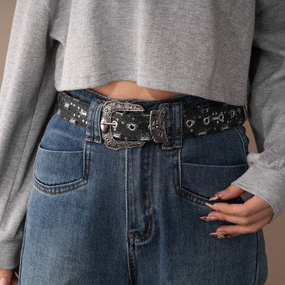 Distressed Denim Pattern Metal Belt