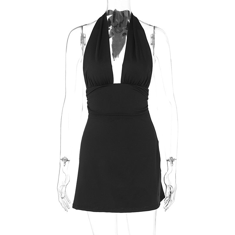 Summer Deep V Plunge Lace up Halterneck Vest Skirt Suit Outfit Women Clothing
