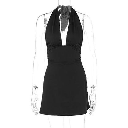 Summer Deep V Plunge Lace up Halterneck Vest Skirt Suit Outfit Women Clothing
