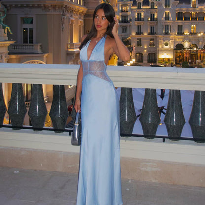 Halter Plunging V-Neck Lace Panel Waist Satin Slip Maxi Dress