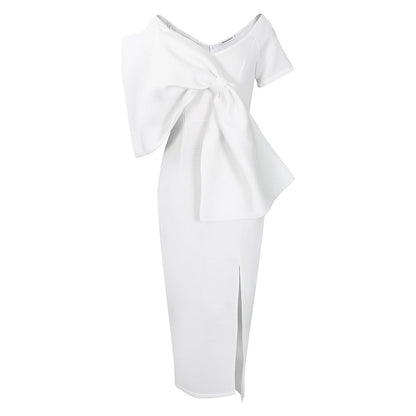 Oversized Bow Asymmetric V-Neck Short Sleeve Bodycon Midi Dress