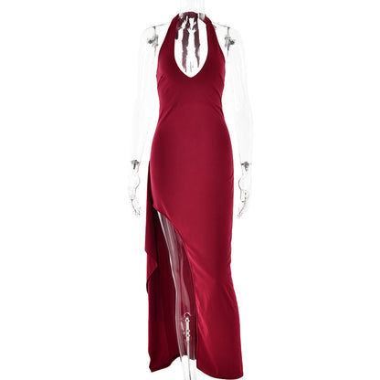 Halter Neck Deep V-Neck High Split Bodycon Maxi Gown