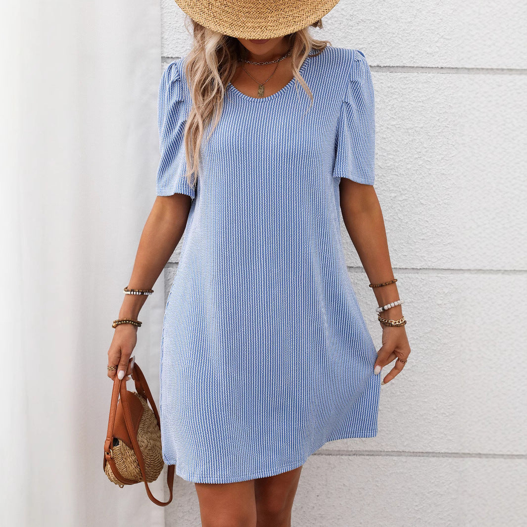 Summer Women Clothing Contrast Color Twist Strip Puff Sleeve Mid Length Dress