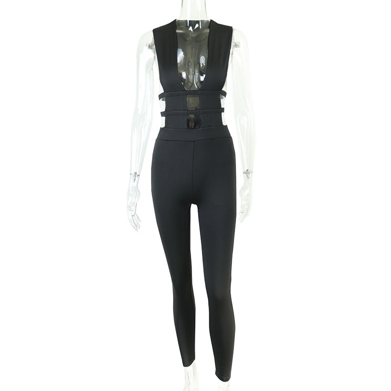 Summer Solid Color Trousers Hollow Out Cutout out Stitching High Waist Slimming Hip Raise Casual Jumpsuit