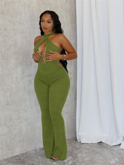 Summer Halter Slim Fit Lace up Backless Sexy Jumpsuit Bell Bottom Pants Jumpsuit Women