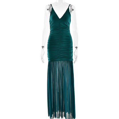 Spaghetti Strap Deep V Ruched Bodice Pleated Chiffon Trumpet Maxi Dress