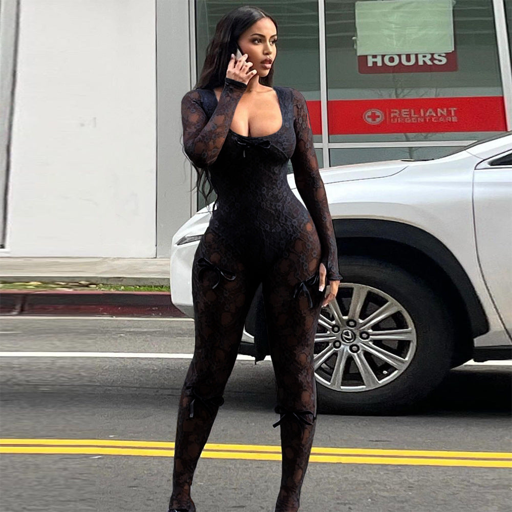 Summer Women Clothing U Neck Long-Sleeved Sexy Lace Stretch Jumpsuit Women