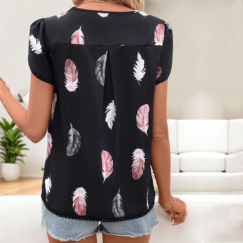 Top Personality V neck Puff Sleeve Feather Printed Shirt for Women