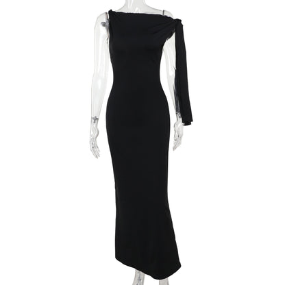 Sleeveless High Neck Asymmetric Drape Sash Column Maxi Gown