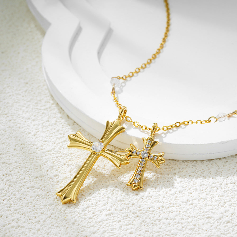 Hip Hop Style Bead Chain Cross Pendant Zirconia Necklace