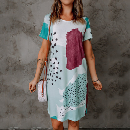 Summer Floral Print round Neck Short Sleeve Casual Dress Women