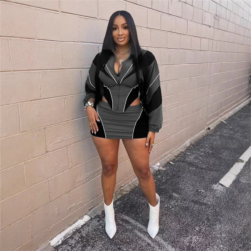 Autumn Sexy Sports Loose Casual Contrast Color Long Sleeve Coat Skirt Outfit Women