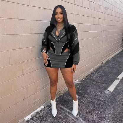 Autumn Sexy Sports Loose Casual Contrast Color Long Sleeve Coat Skirt Outfit Women