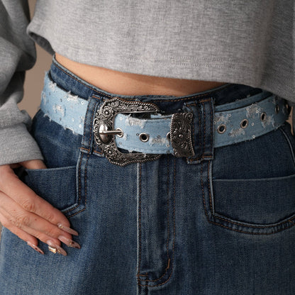 Distressed Denim Pattern Metal Belt