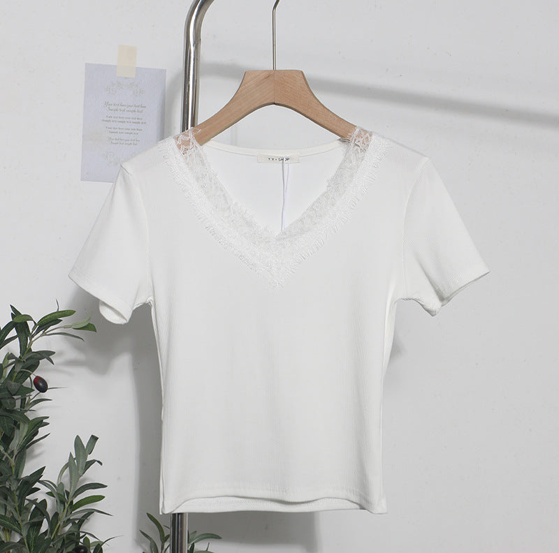 Summer Romantic Lace V neck Sexy T shirt Short Small Slim Short Sleeved Tops