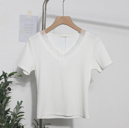 Summer Romantic Lace V neck Sexy T shirt Short Small Slim Short Sleeved Tops