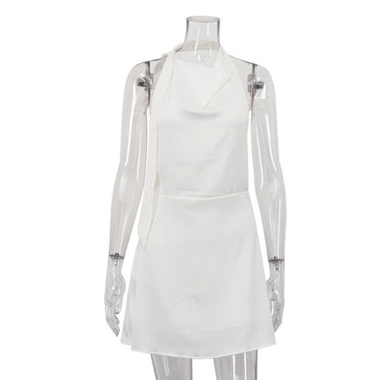 Satin Halter Neck Open Back Tie Sash A-Line Mini Dress