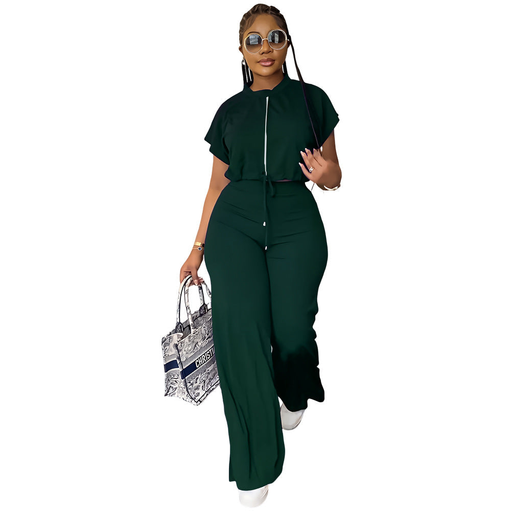 Summer Drawstring Short Top High Waist Slit Women Trousers Two Piece Suit