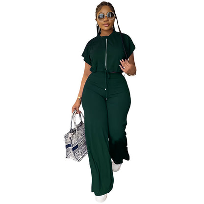 Summer Drawstring Short Top High Waist Slit Women Trousers Two Piece Suit