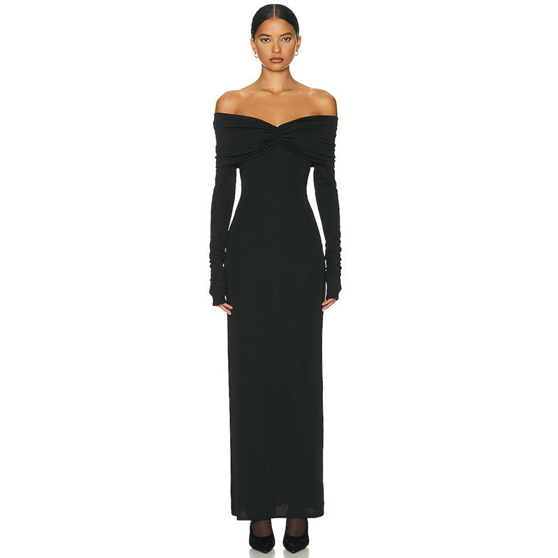 Solid Color Sexy French off Shoulder Tube Top Long Sleeve Autumn Winter Women’s Pleated Elegant Dress Women