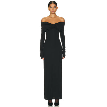 Solid Color Sexy French off Shoulder Tube Top Long Sleeve Autumn Winter Women’s Pleated Elegant Dress Women