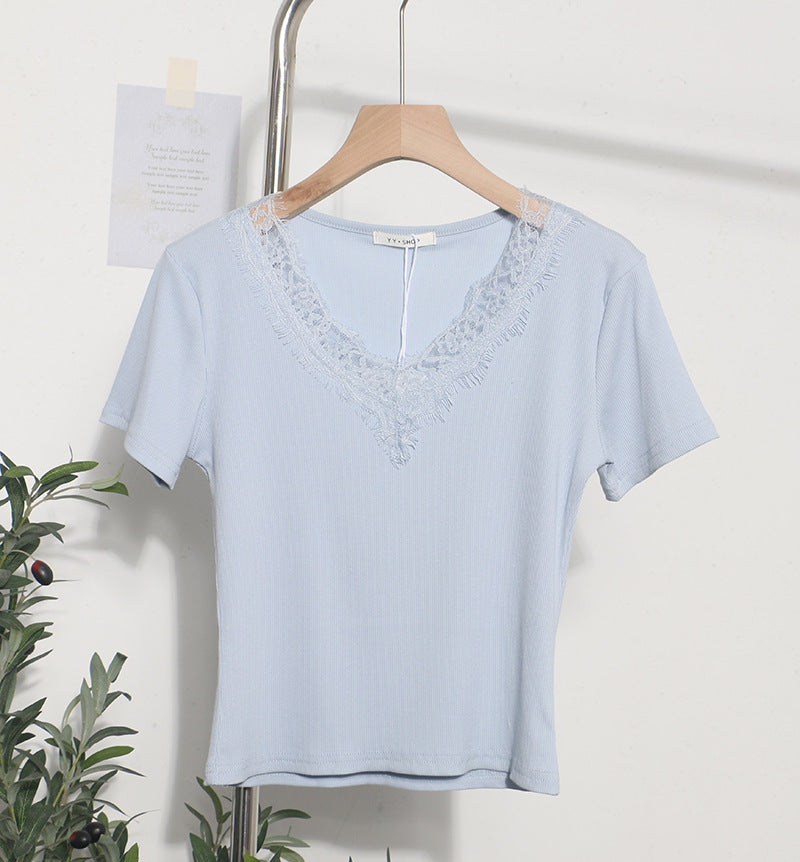 Summer Romantic Lace V neck Sexy T shirt Short Small Slim Short Sleeved Tops