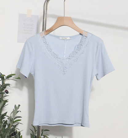 Summer Romantic Lace V neck Sexy T shirt Short Small Slim Short Sleeved Tops