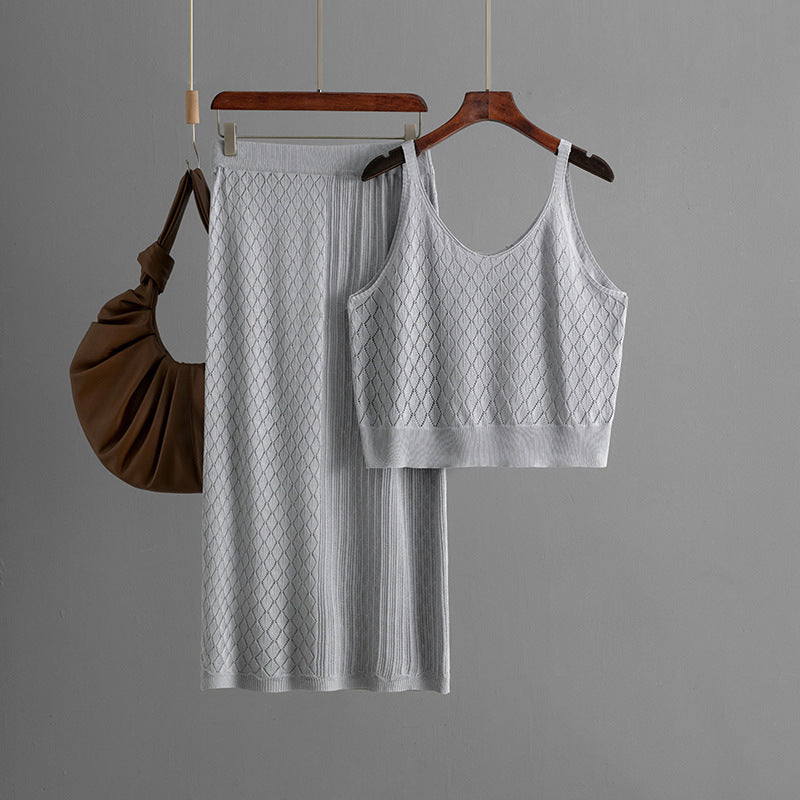 Summer Hollow Out Cutout out Short Spaghetti Straps Knitted Skirt Two Piece Set