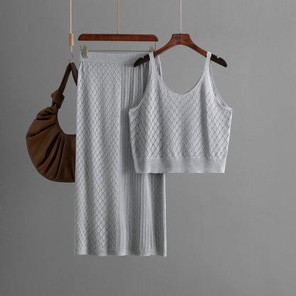 Summer Hollow Out Cutout out Short Spaghetti Straps Knitted Skirt Two Piece Set