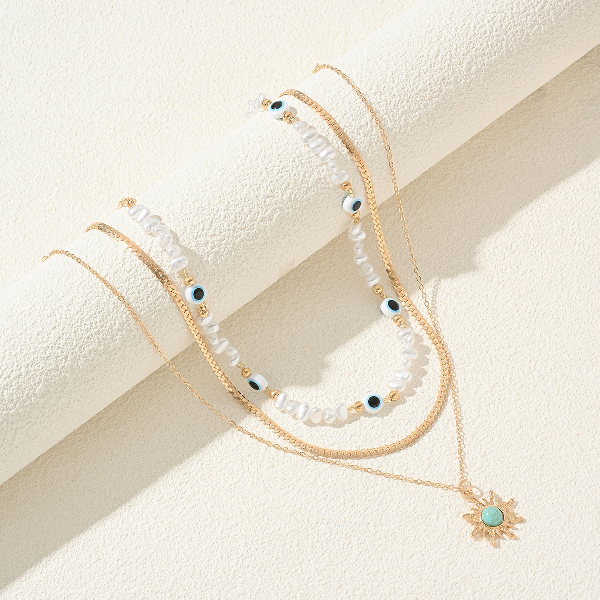 Long Pearl Octagram Star Pendant Layered Necklace