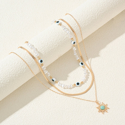 Long Pearl Octagram Star Pendant Layered Necklace