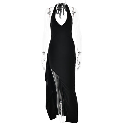 Halter Neck Deep V-Neck High Split Bodycon Maxi Gown