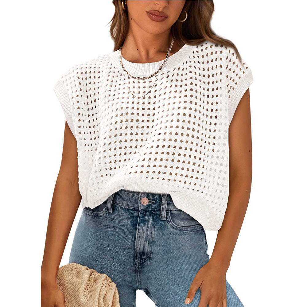 Summer Women Clothing Women round Neck Hollow Out Cutout Sun Protection Knitted Sweater Blouse