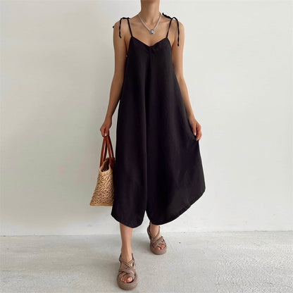Summer Solid Color Overalls Casual Loose Fitting Wide Leg Trousers Sexy Sling Backless Sleeveless Jumpsuit