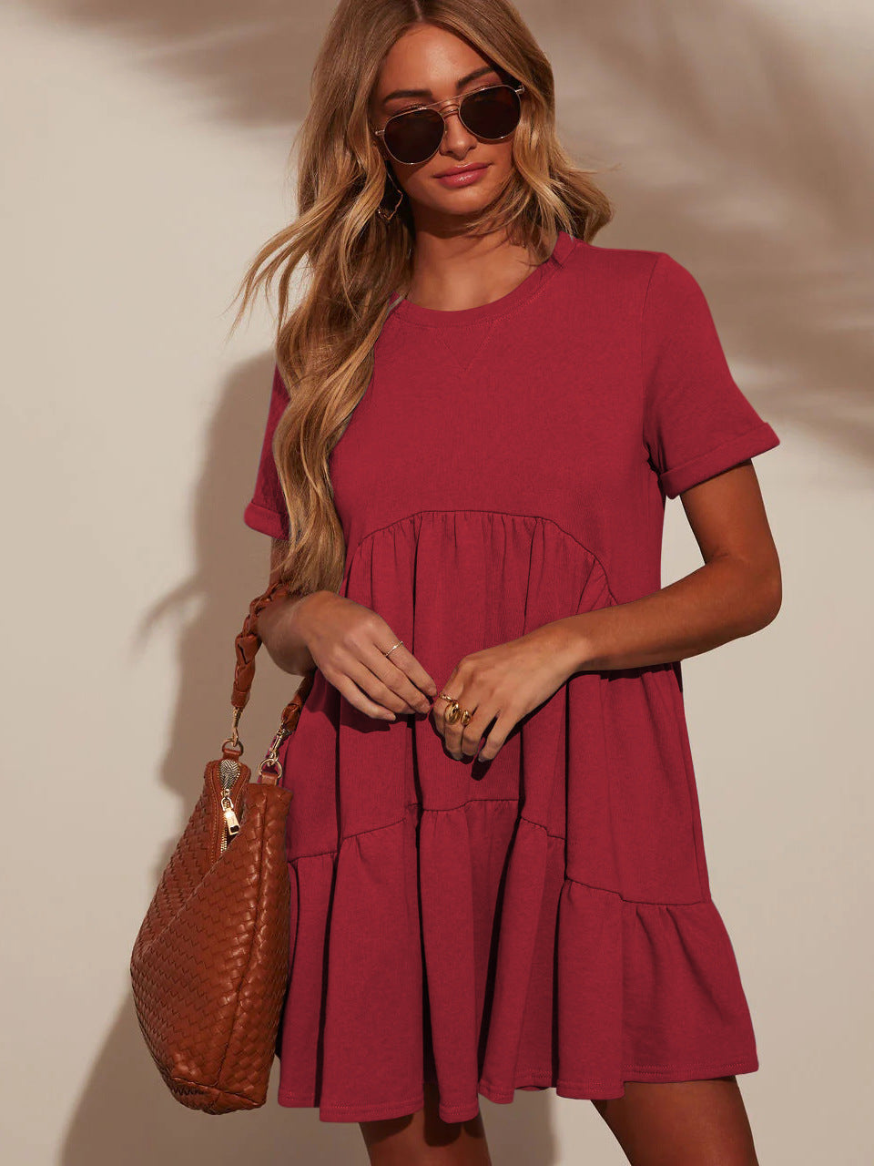 Summer Casual Pocket Short round Neck Short Sleeve Pleated Loose Women Wear Dress