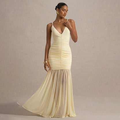 Spaghetti Strap Deep V Ruched Bodice Pleated Chiffon Trumpet Maxi Dress