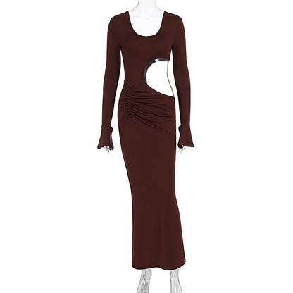 Women Clothing Fashionable Elegant Sexy Hollow Out Cutout Slim Fit U Neck Long Sleeved Dress