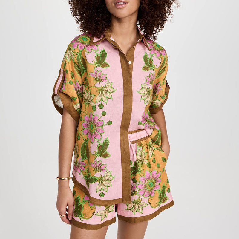 Summer Unique Print Design Shirt Top Casual Shorts Suit Women Two Piece Suit